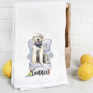Custom White Goldendoodle flour sack towel, tea towel, dog mom, dog dad, personalized name, labradoodle, watercolor pet portrait