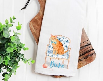 Custom Orange Tabby Cat tea towel, gift, cat mom, cat dad, personalized name, pet name gift, watercolor pet portrait, orange cat