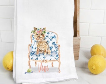 Yorkie Mehlsack Handtuch, Hund Mama, Hund Papa, personalisierte Name, Haustier Name Geschenk, Aquarell Haustier Porträt, Fliege, Yorkshire Terrier