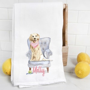 Custom Golden Retriever  flour sack towel, tea towel, dog mom, dog dad, mutt, personalized name, pet name gift, watercolor pet portrait
