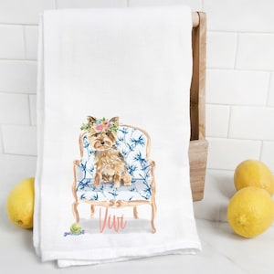 Custom Yorkie flour sack towel, dog mom, dog dad, personalized name, pet name gift, watercolor pet portrait, bow tie, Yorkshire Terrier