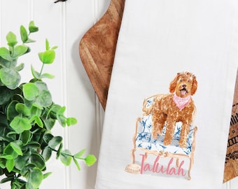 Custom Apricot Goldendoodle flour sack towel, labradoodle, dog mom, dog dad, personalized name, pet name gift, watercolor pet portrait