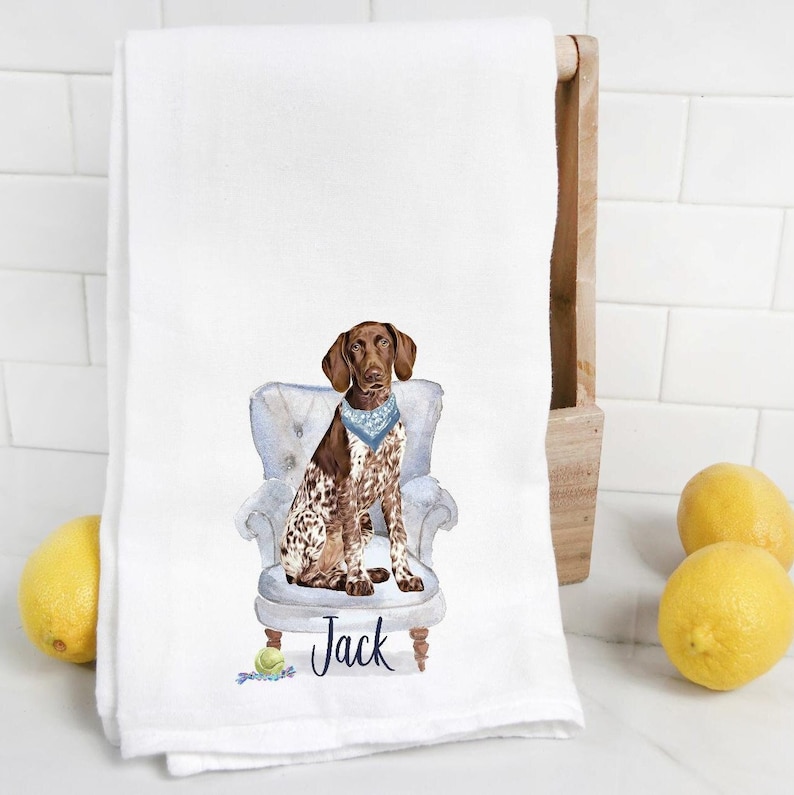 Custom Brown Pointer flour sack towel, dog mom, dog dad, personalized name, pet name gift, watercolor pet portrait image 1