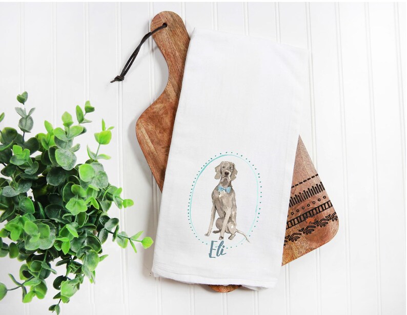 Custom boy Weimaraner flour sack towel personalized name watercolor pet portrait floral crown gift pet name gift dog mom dog dad