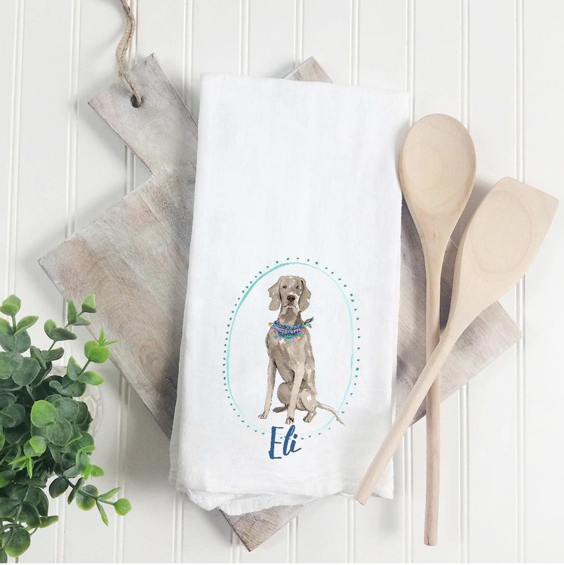 Custom boy Weimaraner flour sack towel personalized name watercolor pet portrait floral crown gift pet name gift dog mom dog dad