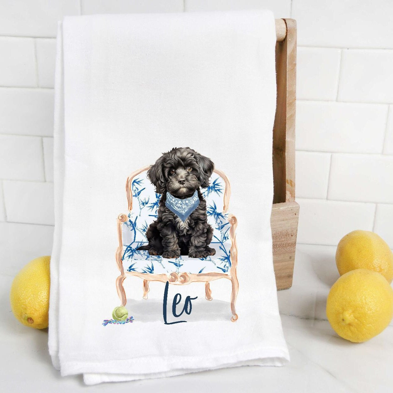 Kundenspezifisches schwarzes Cavapoo Mehlsack-Tuch, Geschirrtuch, Hundemama, Hundepapa, personalisierter Name, Aquarell Haustierporträt,