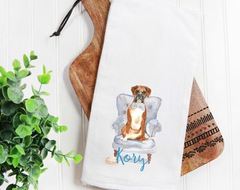 Custom  Boxer flour sack towel, tea towel, dog mom, dog dad, personalized name, pet name gift, watercolor pet portrait, floral crown