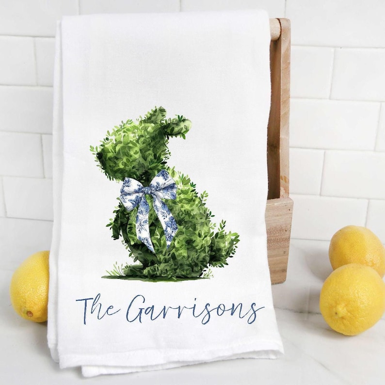 The Preppy Pineapple Home Chinoiserie Bunny Topiary Tea Towel