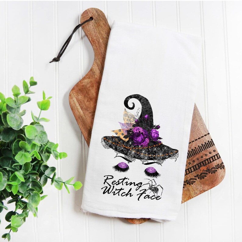 Resting Witch Face funny Tea Towel, Housewarming Gift, Flour Sack Towel, Dish Cloth, hostess gift, fall ,halloween party image 1