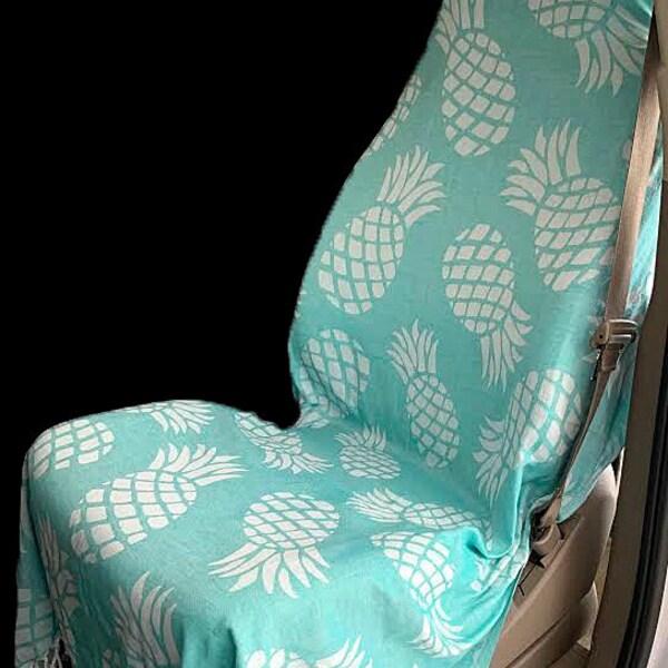 Car Seat Cover -- Yoga Towel for Your Car -- Adjustable, Washable -- NEW PATTERN -- Cotton Jacquard - Free Shipping! -- Teal Pineapple