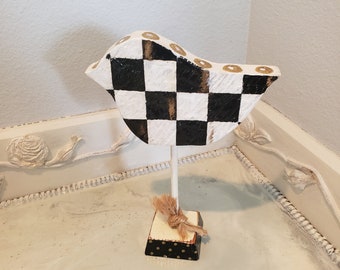 Black and White and Gold Wooden Bird - OOAK