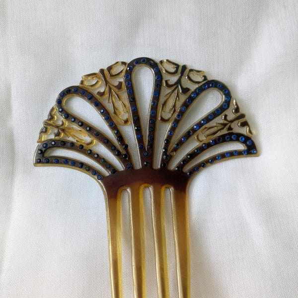 Large Art Deco 1920's Era Celluloid Hair Comb - Amber and Blue