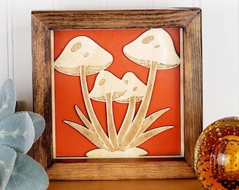 Arte de pared de hongos de madera, decoración de pared de hongos, acento de hongos, decoración del hogar de hongos, arte de hongos moderno de mediados de siglo, arte temático de plantas