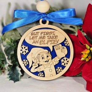 Pero primero déjame llevarme un adorno de juego de palabras divertido de Elfie, regalo divertido para amigos, regalo por menos de 20, decoración navideña de elfo, regalos de elefante blanco,