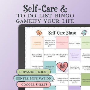 May include: A digital tablet displays a "Self-Care Bingo" game. The game board features colorful squares with self-care prompts. The title "Self-Care & To Do List Bingo" is at the top, with additional text: "Gameify Your Life."