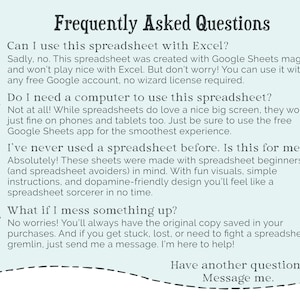 May include: A light blue informational graphic titled Frequently Asked Questions containing four numbered points about a Google Sheets spreadsheet. The text addresses compatibility with Excel, device usage, beginner accessibility, and support for errors.