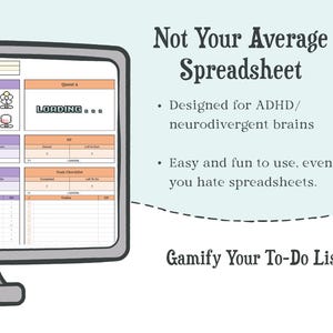 May include: A computer monitor displaying a digital task management spreadsheet with purple and orange sections, featuring pixelated text that reads Not Your Average Spreadsheet, Designed for ADHD/neurodivergent brains, and Gamify Your To-Do List.