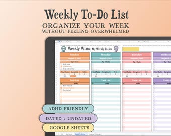 Weekly Planner Spreadsheet, Task Tracker & Productivity Manager, To-Do List Organizer, Google Sheets Calendar