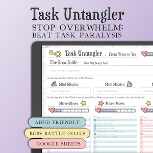 Pode incluir: Um planejador digital chamado "Task Untangler" em uma tela de tablet. O planejador inclui seções para dividir tarefas em mini-missões e micro-movimentos, com o texto "STOP OVERWHELM: BEAT TASK PARALYSIS." O texto "ADHD FRIENDLY" também está presente.