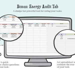 May include: A digital spreadsheet titled Bonus: Energy Audit Tab displayed on a computer monitor. The spreadsheet includes columns for Time, Effort, Excitement, Cognitive Load, Dread, Energy Match, Result, XP, and Bonus Tip for rating tasks.