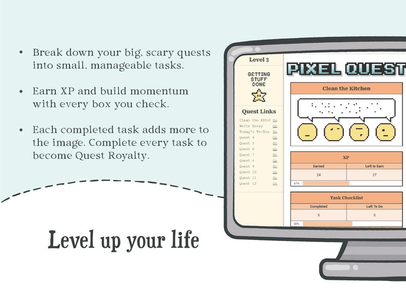 Gamified Goal Tracker Spreadsheet, XP Tracker Productivity System for Executive Dysfunction, Google Sheets image 2