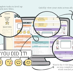 May include: A digital task management interface on a computer screen featuring pixel art graphics, quest lists, and progress bars. Text includes "Level 3", "GETTING STUFF DONE", "Quest Links", "XP Earned", "Tasks Done", "Today's To-Dos", and "YOU DID IT!"
