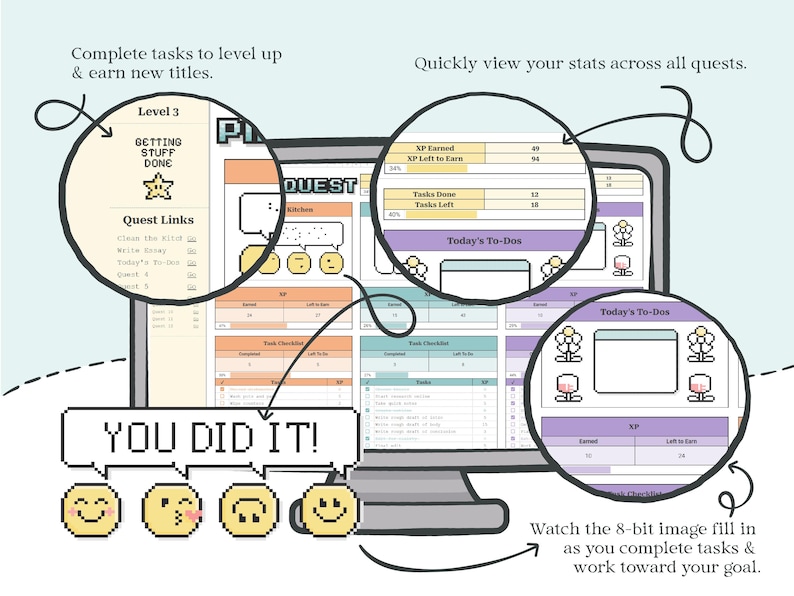May include: A digital task management interface on a computer screen featuring pixel art graphics, quest lists, and progress bars. Text includes "Level 3", "GETTING STUFF DONE", "Quest Links", "XP Earned", "Tasks Done", "Today's To-Dos", and "YOU DID IT!"