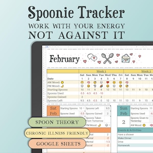 May include: Digital planner on a tablet screen with the title "Spoonie Tracker" and the text "Work with your energy, not against it." The planner is for February and includes sections for tracking spoons, mood, and activities. The planner is chronic illness friendly.