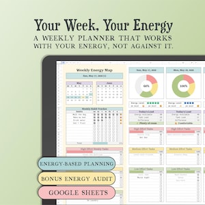 May include: A digital weekly planner displayed on a tablet. The planner includes sections for tracking energy levels, tasks, and habits. Text on the screen reads "Your Week, Your Energy" and "Energy-Based Planning."