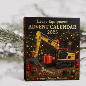 May include: A black advent calendar with the text "Heavy Equipment ADVENT CALENDAR 2025" and "24 Days of Die-cast Machines". The calendar features a yellow excavator with a Santa hat, surrounded by Christmas decorations and gifts.
