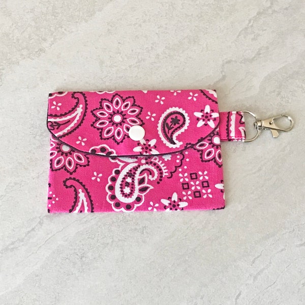 Pink Paisley Bandana Fabric Card Wallets, Card Holder Wallets, Snap Card Wallets, Key fob Wallets Handmade