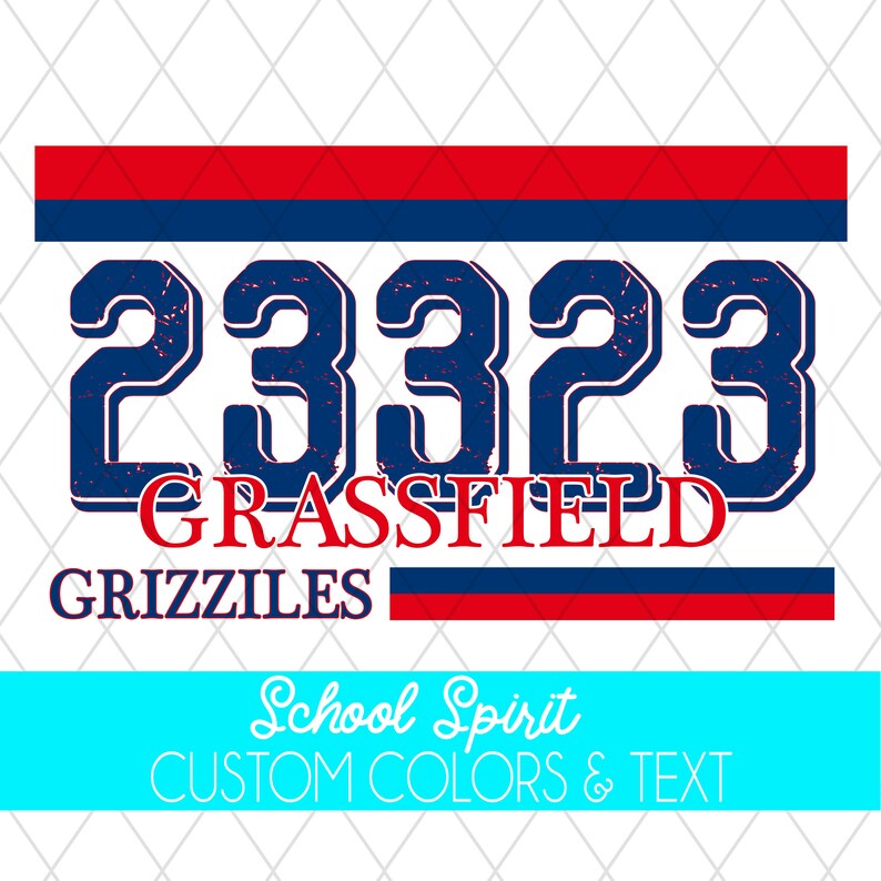 K&ouml;nnte beinhalten: Grafikdesign mit der Nummer "23323" in verwaschenem Marineblau, mit "GRASSFIELD" in Rot und "GRIZZLIES" darunter. Rote und blaue Streifen umrahmen das Design. Der Text unten lautet "School Spirit CUSTOM COLORS & TEXT".