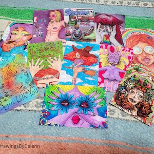 Funky Female Faces, Trippy Hippie, Flower Power, Feminine Power Artwork, Mini and Full Size Prints Available