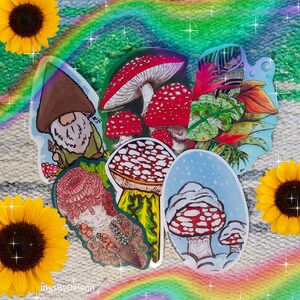 Pilz und Natur inspirierte Vinyl-Aufkleber und Sticker Pack, Gnome, Pilze und Blumen