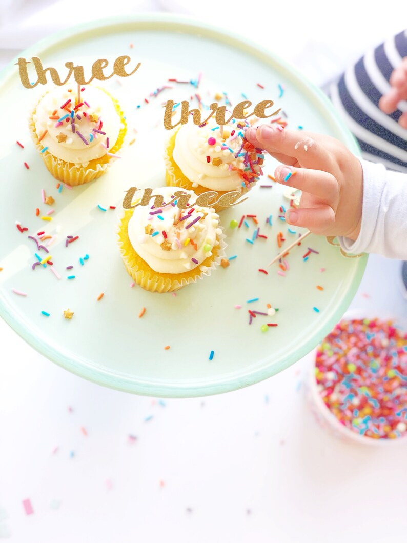 Three Birthday Toppers // Third Birthday Cupcake // Cursive Etsy