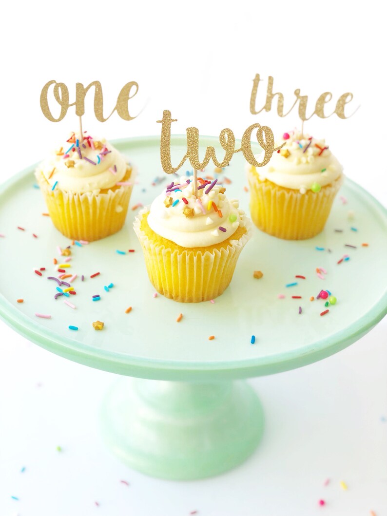 Three Birthday Toppers // Third Birthday Cupcake // Cursive Etsy