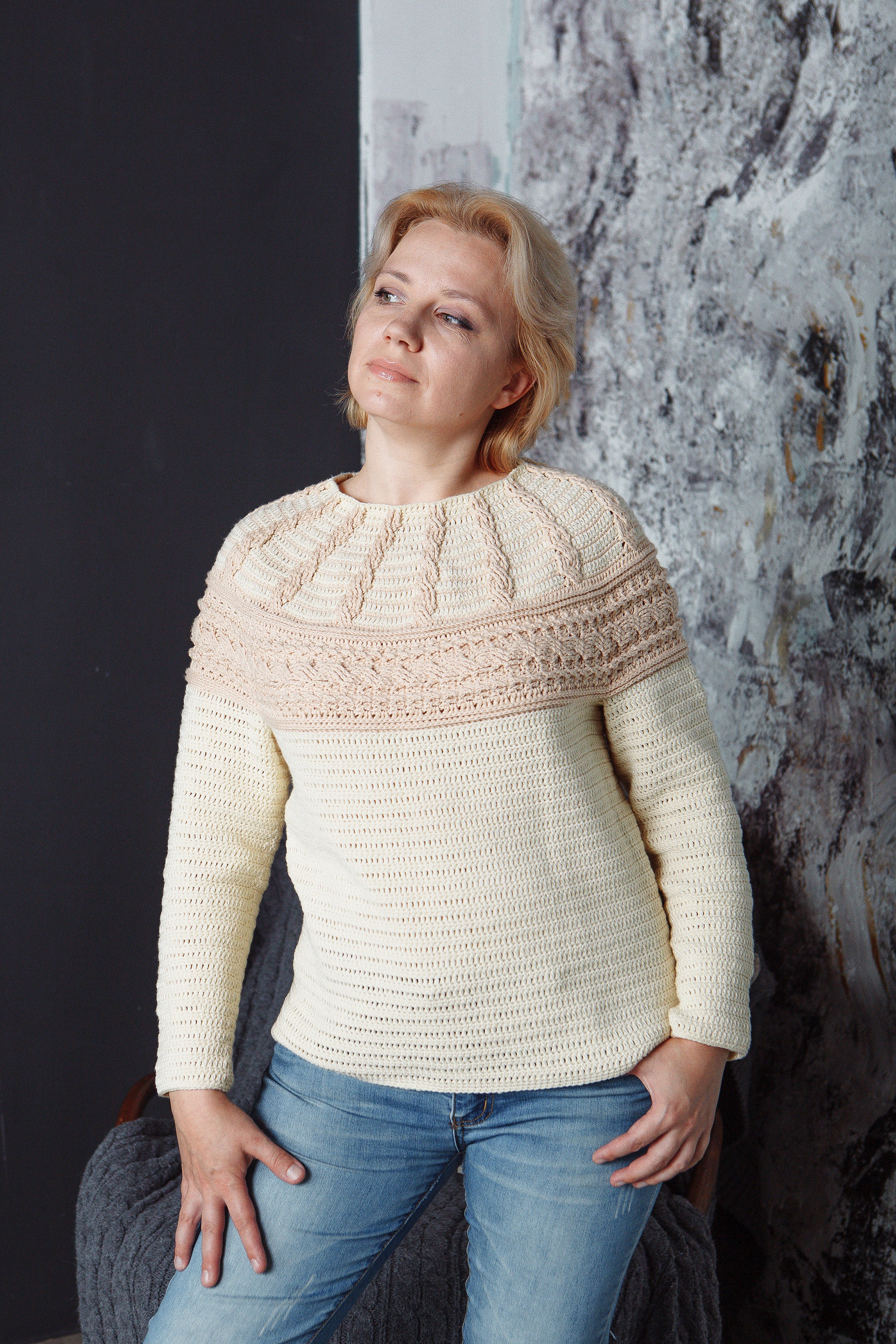 Topdown crochet pullover PATTERN cable yoke sweater Etsy