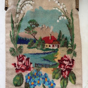 Antique Vintage Micro Beaded Scenic Purse House by Stream Metal Frame