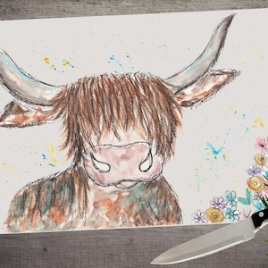 Highland cow chopping board, cutting board, glass chopping board, highland cow kitchen gift, country kitchen