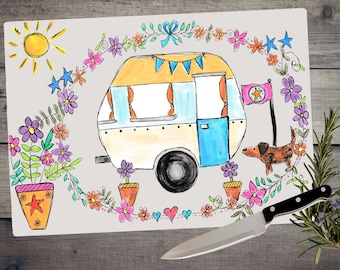 Caravan chopping board, cutting board, glass chopping board, caravan kitchen gift, caravan