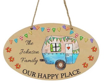 Caravan sign, caravan happy home, caravan gift, caravan personalised sign, caravan plaque, caravan family sign, double sided, wooden