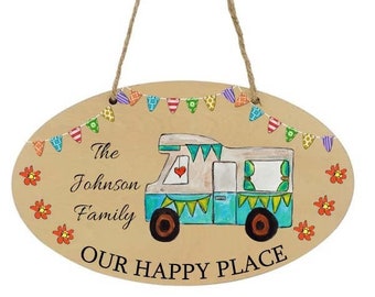 Campervan sign, campervan happy home, motorhome gift, motorhome personalised sign, campervan family sign, double sided, wooden