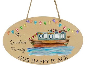Narrowboat sign, boat happy home, narrowboat gift, barge personalised sign, barge plaque, boat family sign, double sided, wooden