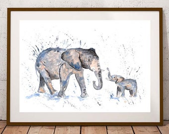 Giclee print, Elephant family PRINT, elephant family, elephant art, watercolour painting, elephant lover gift, watercolour animal print