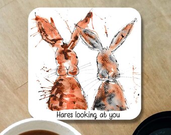 hare coaster, hare drinks mat, hares looking at you, hare