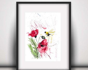 Bee Giclee PRINT, Bee nursery decor, red poppy, watercolour print, bee, bumble bee print, wildlife print, watercolor poppy