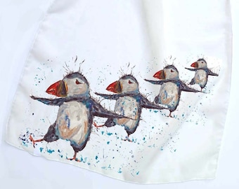 Chiffon scarf, puffin scarf, animal scarf, cream scarf, unique scarf, Christmas gift, for her, puffin lover gift