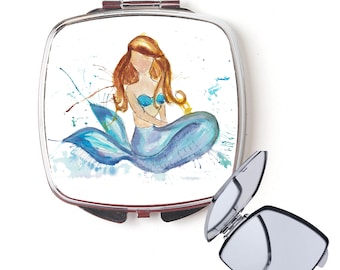 Mermaid compact mirror, handbag mirror, mermaid mirror, birthday gift, for her, personalised mirror, pocket mirror