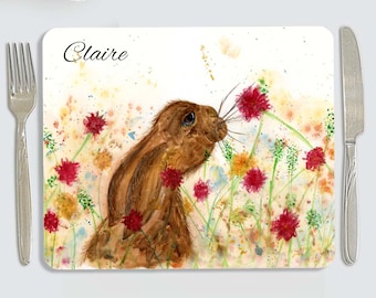 Hare placemat, personalised rabbit placemat, rabbit love gift, rabbit kitchenware, rabbit placemat