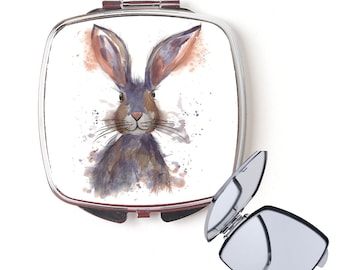 Rabbit compact mirror, handbag mirror, hare mirror, Christmas gift, for her, personalised mirror, secret santa, pocket mirror